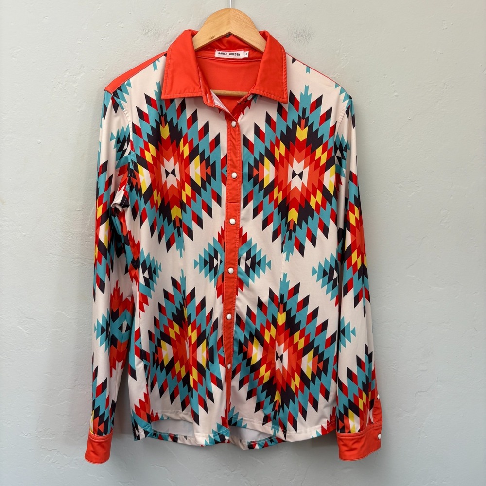 Ranch Dressn Rodeo Shirt Women Size Large Orange Blue Pearl Snap Western